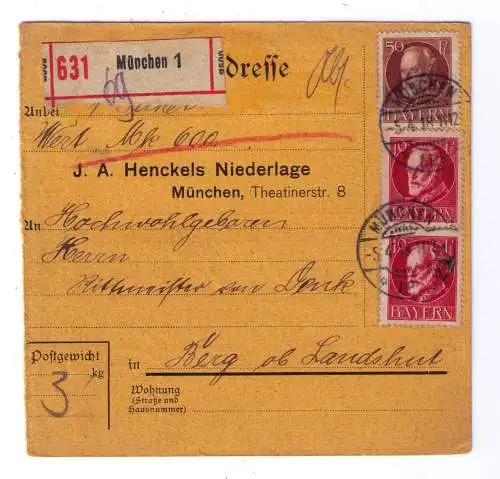1918 / Wert-Paketkarte von J. A. Henckels Niederlage in München an den Rittmeister von Denk