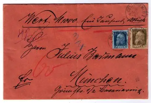 Bayern 1914 - Wertbrief über 1.000 Mark von Öttingen nach München