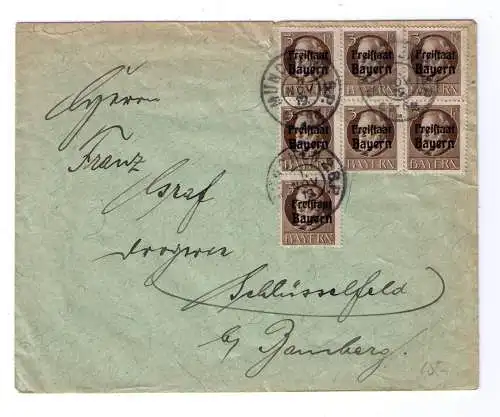 1919 - Beleg mit 7er-Block Mi. 152A / von München nach Schlüsselfeld
