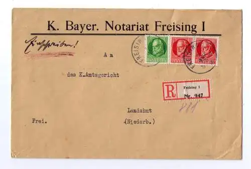 1918 - R-Brief vom Notariat Freising, adressiert nach Landshut