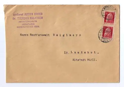 1913 - Beleg mit senkrechtem Paar Mi 78, gel. von München nach Landshut