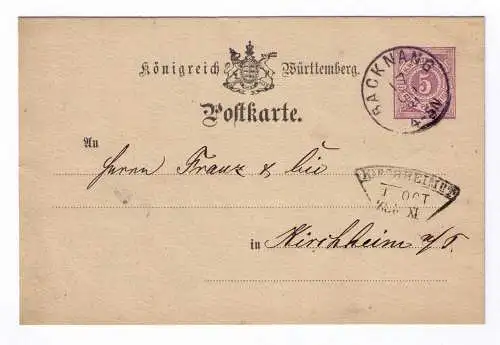 1881 Postkarte P22 - aus Backnang - mit Bahnpost-Fächerstempel
