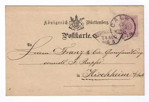 1881 Postkarte P22 - aus Calw - mit Bahnpost-Fächerstempel