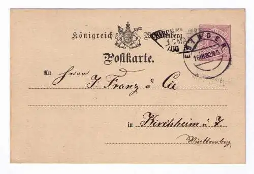 1882 Postkarte P22 - aus Ebingen - mit Bahnpost-Fächerstempel