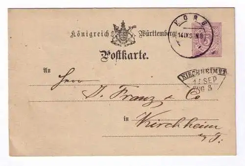1881 Postkarte P22 - aus Horb - mit Bahnpost-Fächerstempel