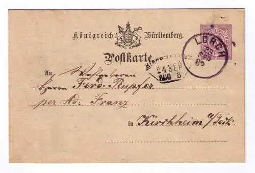 1882 Postkarte P22 - aus Lorch - mit Bahnpost-Fächerstempel