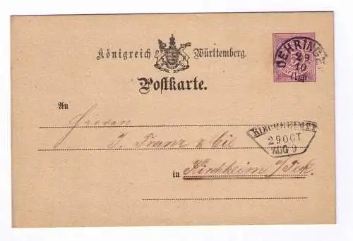 1882 Postkarte P22 - aus Öhringen / Niedernhall - mit Bahnpost-Fächerstempel