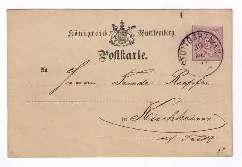1881 Postkarte P22 - aus Stuttgart - mit Bahnpost-Fächerstempel