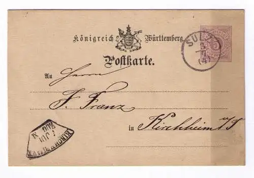 1881 Postkarte P22 - aus Sulz - mit Bahnpost-Fächerstempel