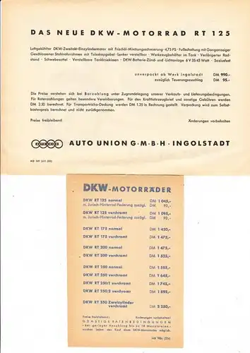 DKW, Werbeblatt 1954 für die RT 125 + Preisliste 2/1954