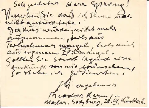 Theodor Kern, namhafter österreichischer Maler, mit Wikipedia-Seite, 1938 emigriert, 1900-1968, gest. in England. Guter, rarer Autograph