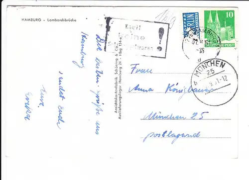 Berühmter Stempel &quot;Kauft keine Schmuggelwaren&quot; Das ganze Postlagernd an München 25 (Harras) 1951