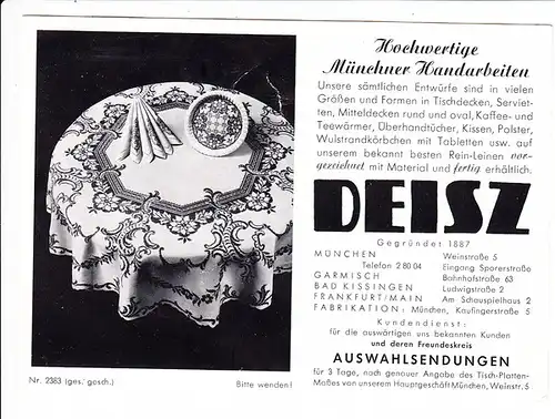 Handarbeits-Domäne Deisz 2 Münchner Innenstadtadressen der Vor-Mode-Ketten-Zeit ca. 1930/35, plakative doppelseitige Werbung