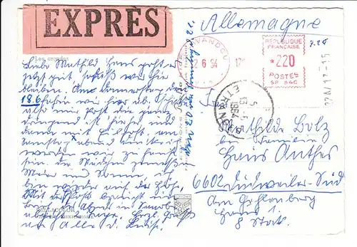 Frankreich,Eilpostkarte 1954 Inlandsporto ins Saarland