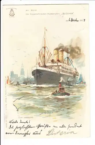 Postdampfer &quot;Blücher&quot; Stöwer-Color-Litho, Seepost Hamburg - New York 1903