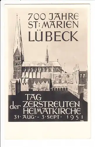 Lübeck, Sonderkarte 31.8.1951 Marienkirche, Marke draufgeklebt