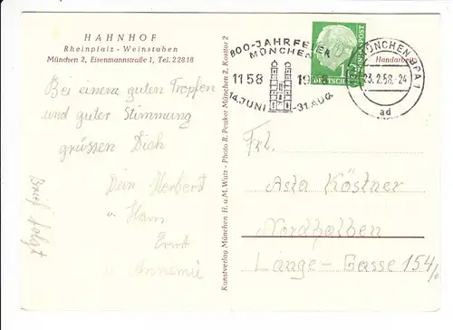Hahnhof, Eisenmannstraße 1, München, gel. 1958, innen, beste Erhaltung. Damals mehrere Hahnhöfe in München, Studentenlokal, Brot und Wasser waren umsonst