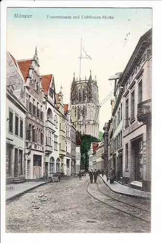 Münster, bessere handcolorierte AK Frauenstraße belebt, Trambahngleise sehr zerstört 1941/45, gelaufen 1908 ab dortselbst