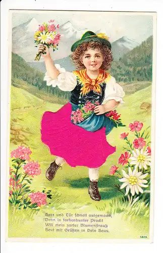 Bayrisch/alpenländisches Mädel, hat viele Blumen gepflückt, beste Erhaltung, Seidenschürze, gelaufen 1908