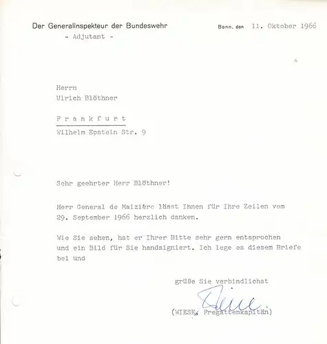 Ulrich de Maiziere, 1912-2006 Reichswehr-Wehrmacht-Bundeswehr, treuer Diener seiner Herren, Gernealinspekteur der BW, O-Foto 10.14,5 cm, Tinen-O-U, Begleitschreiben 1 x bei Mitbewerber 7 x 9,5 Foto 70 Franken, 1 x bei Ebay (6.3.17) 77 Franken, wir schaffe