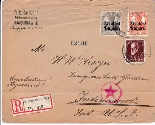Einschreib-Brief, Nov. 1919 Ludwigshafen, Pfalz - USA. Bedarfsspuren aber auch gute Zensur!