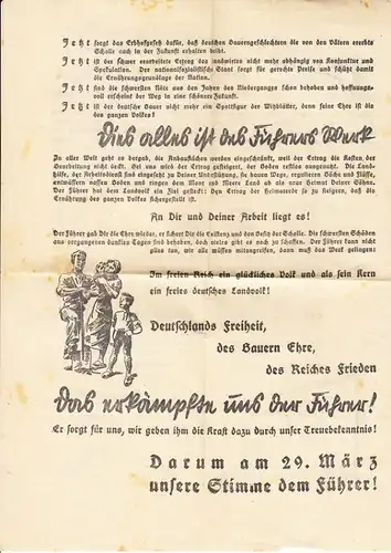 29.3.1937, Flugblatt für deutsche Bauern zur Volksabstimmung, gefaltet, Huldigung der Leistungen der Regierung Hitler seit 1933