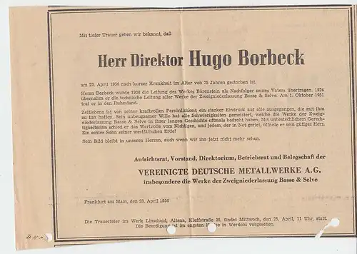 Altena, NRW Eigenhändiger Brief Hugo Borbeck 1955, Todesanzeige 1956, wohl Rüstungsmagnat im 3. Reich, Straße nach ihm dortselbst benannt