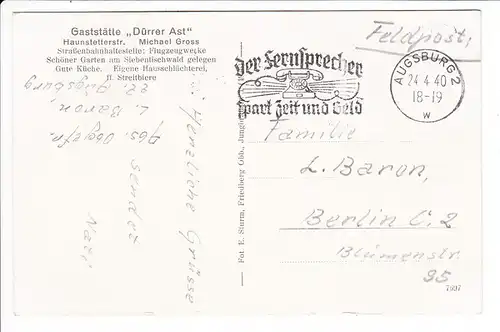 Augsburg-Haunstetten Gaststätte &quot;Dürrer Ast&quot; nahe Flugzeugwerke (Haltestelle) noch stehend?? gelaufene Feldpost 1942