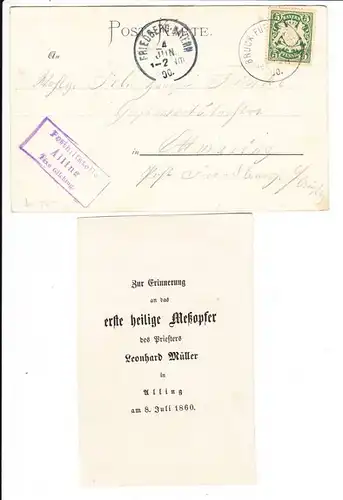 Alling bei Fürstenfeldbruck, Gruß-aus-Pracht-AK, dazu PH-Stelle Alling (Helbig 50 ?), dazu Primiz-Zettel von dort von 1860, netter Heimatposten