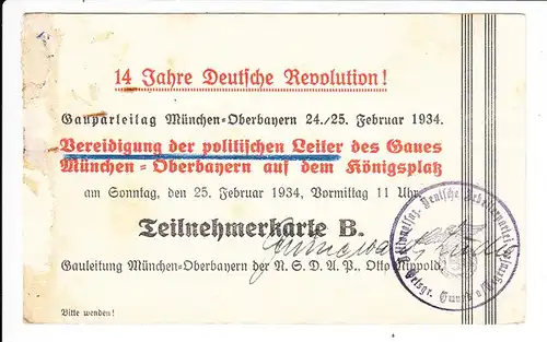 1920-1934, 14 Jahre Revolution, Teilnehmer Ludwig Grünewald, Gmund/Tegernseee (gab es dort Nazis??) Tagung in München, VS: etwas kräftigere Haftspur, Karte B sehr rar!