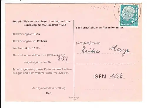 Isen, Bayrische Landtagswahl 1954, Einladung zur Wahl am 28.11.1054
