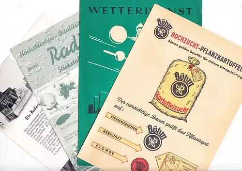 3 x Werbung für Dünger, 1 x Broschüre Wetterdienst, 1 x Bodenbeschaffenheitsprüfgerät, alles 60 Jahre und älter