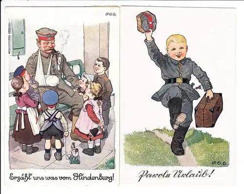 5 sehr gute Paul Otto Engelhard-Color-AK, Kinder als Soldaten, verharmlosend, 2 x Top-Bahnpost 2 Kreiser Kempten - Reutte