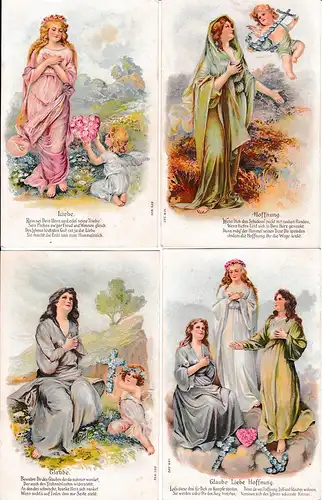 3 + 1er Serie Glaube, Liebe,Hoffnung, Traumhaft erhalten, Frauen mit Engel, gelaufen 1908, gleiche Anschrift