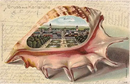 Karlsruhe, Präge-Muschel-Litho Heidelberg-Reichenhall 1901, mühsamer Postweg, 7 Stempel!