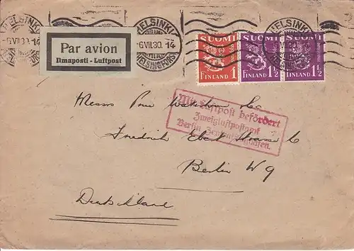 Luftpostbrief 1930 Helsinki-Berlin, alle Stempel, Erh. i.O.