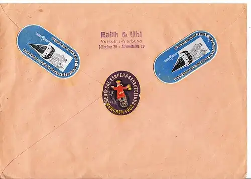 Verkehrsausstellung 1953, 3 Vignetten auf Brief