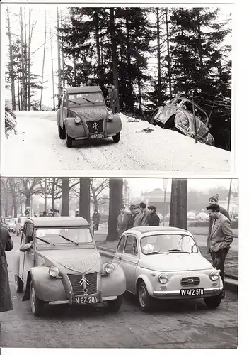 5 Pressefotos Citroen, Ente = 2CV, 1960 ÖaMTC-Wartungsfahrt. Extrem dünne Räder, die überall durchkamen. Der abgeschmierte Käfer dürfte der Realität entsprechen