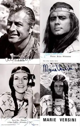 Deutscher Western nach 1960, 4 besterh. Ak mit den Unterschriften der damaligen Star-Schauspieler Pierre Brice - Winnetou, Karin Dor - Ribanna, Marie Versini, Lex barker - Old Shatterhand. Mit Pech kostet Lex Barker schon 50-100? bei Wettbewerbern