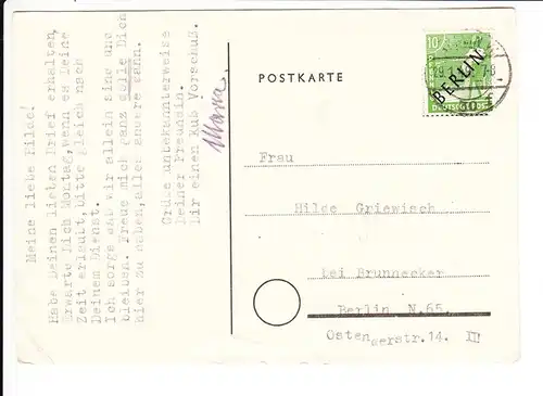 inter. Parodisten-Werbekarte, innerhalb Berlins 1949, liebevolle Frauenkorrespondenz, offen lesbeln damals ja verboten