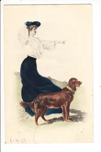 Munk-Karte, handcol., Frau mit Hund