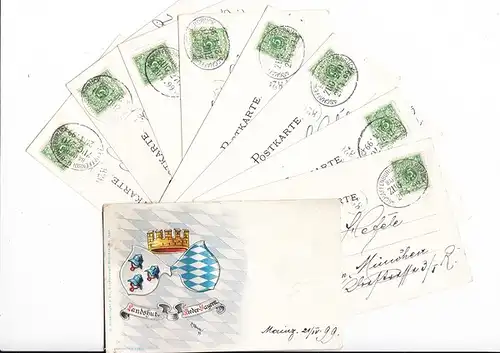 Alle 8 bayr. Bezirke, Andelfinger-Karte + Deckblatt des Verlages, alle am 21.4.1899 mit Bahnpost Aschaffenburg-Bingerbrück gel. nach München