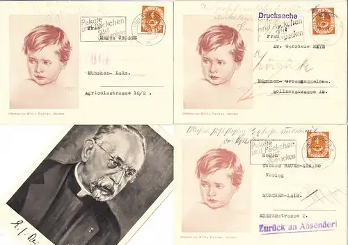 Haus der (deutschen) Kunst-Maler Willy Damian schreibt potentielle Kunden an, dessen Retouren von 1951, 9 Belege, alles verschiedene zurück-Stempel, dazu 3 andere AK des Künstlers