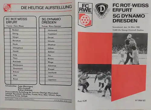 Programmheft Oberliga DDR 1985 Rot Weiss Erfurt und Dynamo Dresden