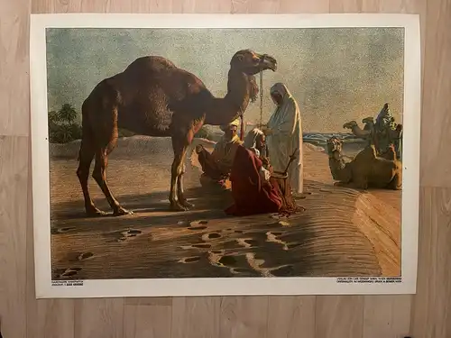 Antike Chromolithographie (98x72cm) von Karawane rasten am Rand einer Oase im Jugendstil (um 1915)