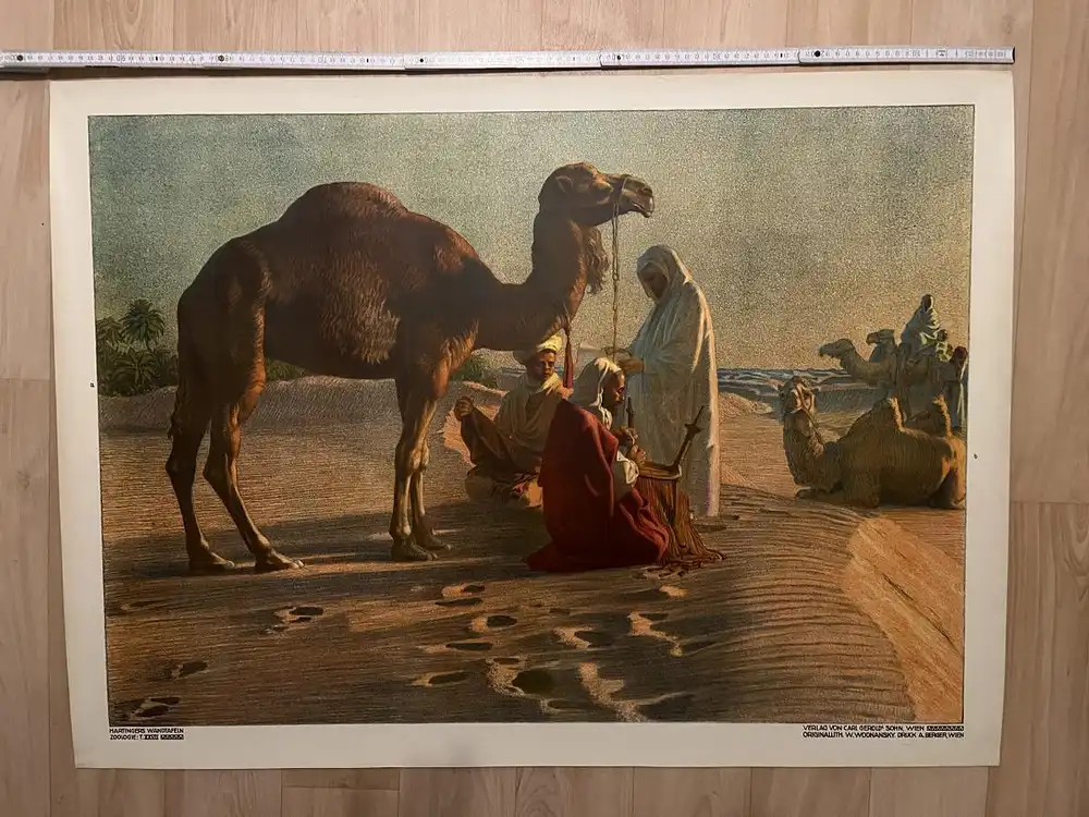 Antike Chromolithographie (98x72cm) von Karawane rasten am Rand einer Oase im Jugendstil (um 1915) 1