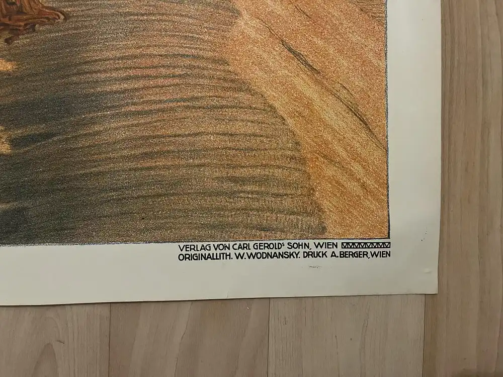 Antike Chromolithographie (98x72cm) von Karawane rasten am Rand einer Oase im Jugendstil (um 1915) 3