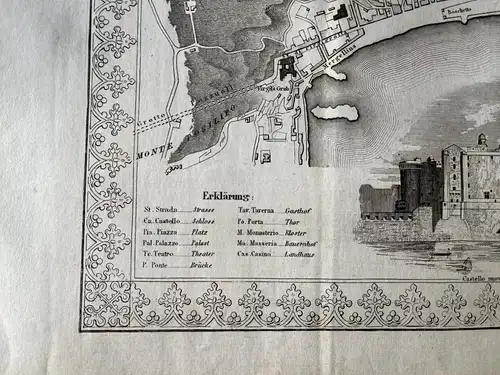 Stahlstich Stadtkarte von Neapel (Napoli) aus Meyer's Handatlas 1845 (Original)  35 x 40 cm