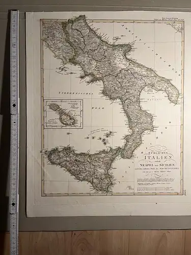 Original Kupferstich - 1825 - Stielers Handatlas Karte 34b - Südliches Italien mit Neapel, Sizilien und Malta (43cm x 32cm)