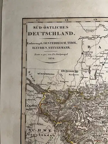 Original Kupferstich - 1836 - Stielers Handatlas Karte 25 - Süd-Östliches Deutschland, Erzherzogenthum Österreich, Tirol, Illyrien, Steyermark (43cm x 32cm)